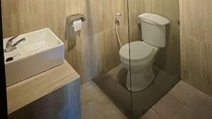 A modern bathroom with a glass shower enclosure, a white sink, and a toilet.