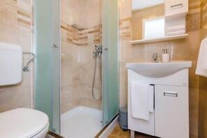 Shower, towels, soap, toilet paper