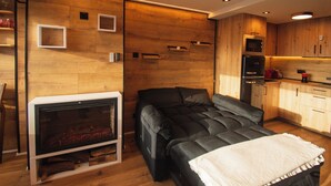 Een moderne kamer met een zwarte bank, een open haard, houten wanden en een keukenhoek.