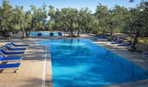 Une piscine entourée d’arbres, avec des chaises longues bleues.