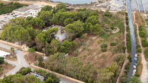 An aerial view of a coastal area with a small house surrounded by dense trees, a narrow waterway, and a beach in the background. - Villa Luna 20 meters from the sea in Punta Prosciutto (Punta Prosciutto)