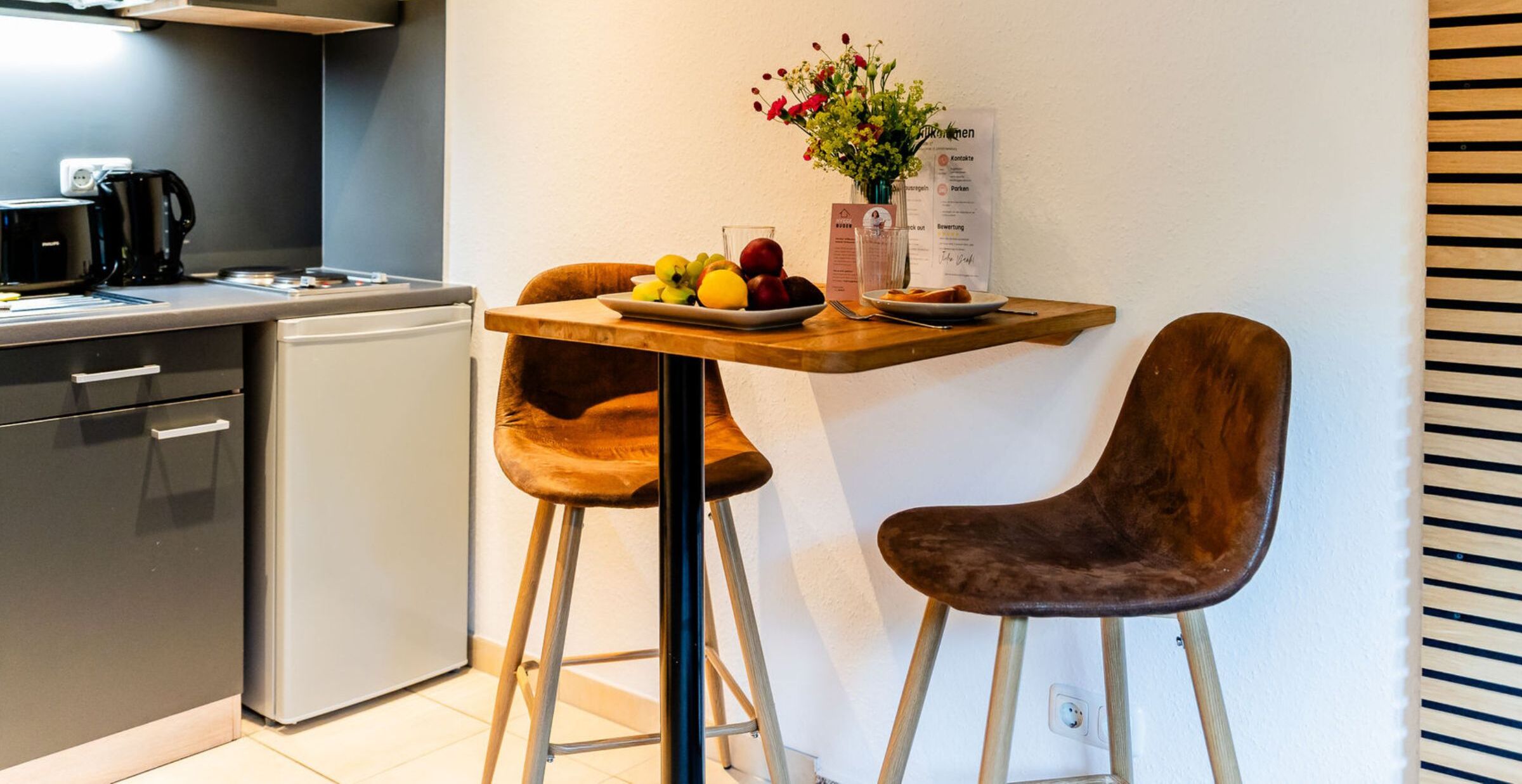 Fridge, stovetop, coffee/tea maker, cookware/dishes/utensils