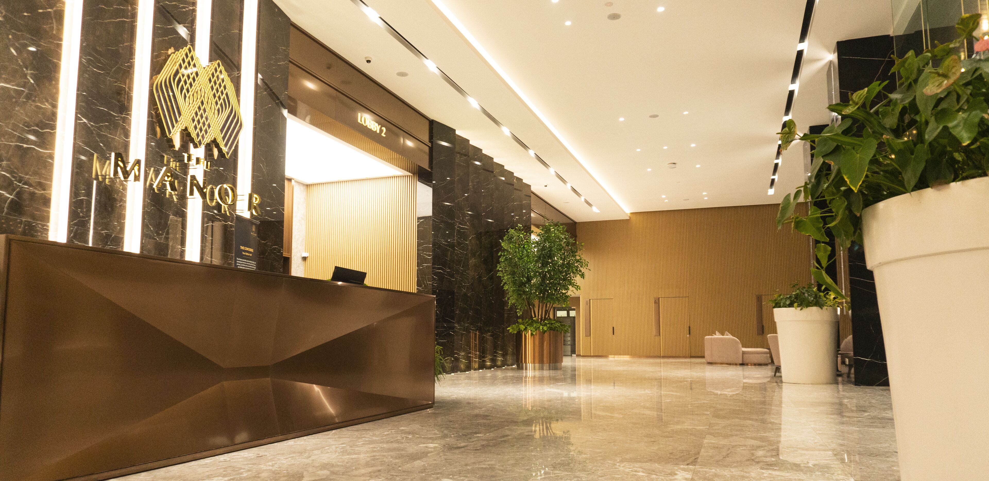 A modern hotel lobby with a reception desk, a wooden panel wall, and a large potted plant.