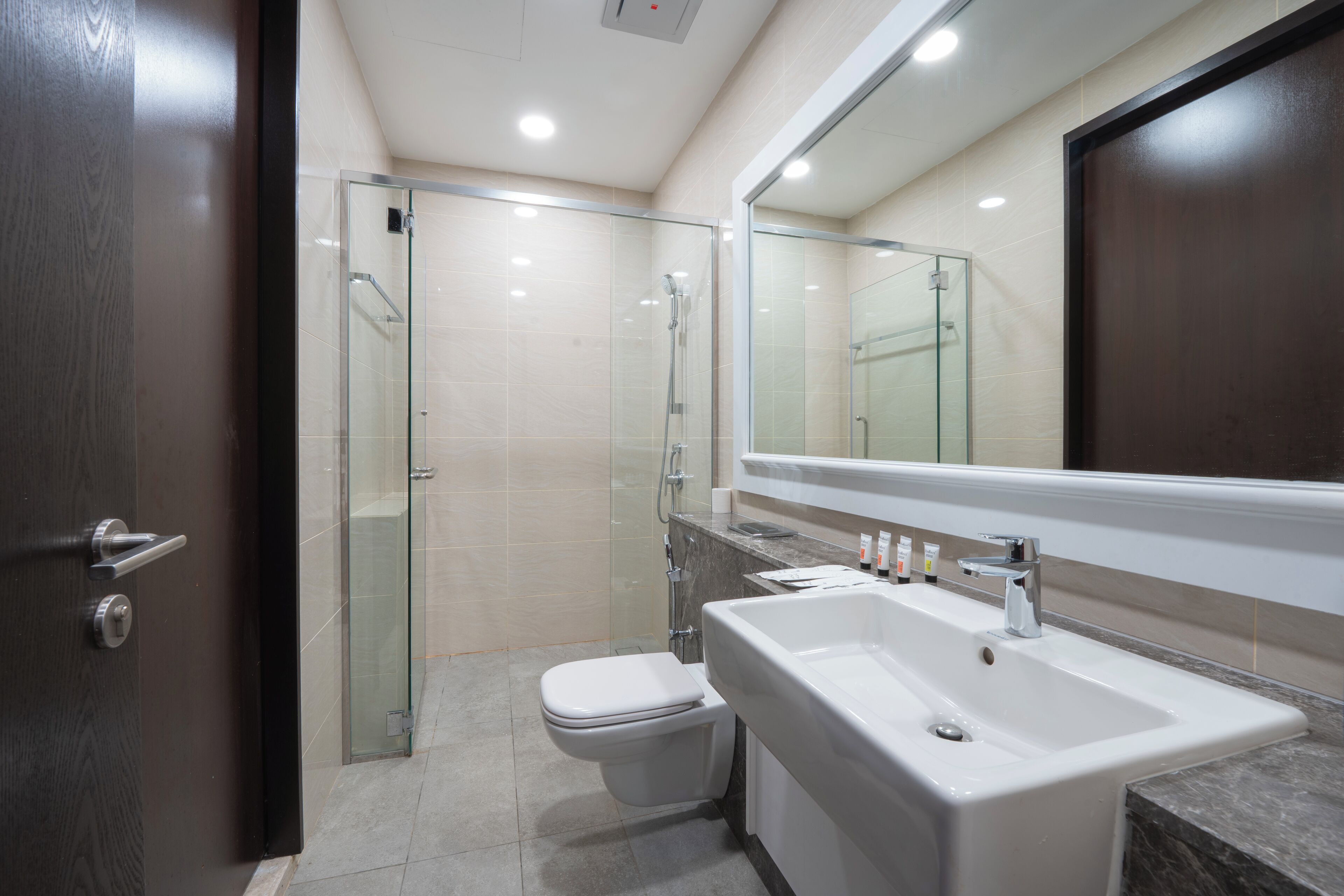 Un bagno moderno con cabina doccia in vetro, un water bianco e un lavandino capiente con uno specchio sopra.