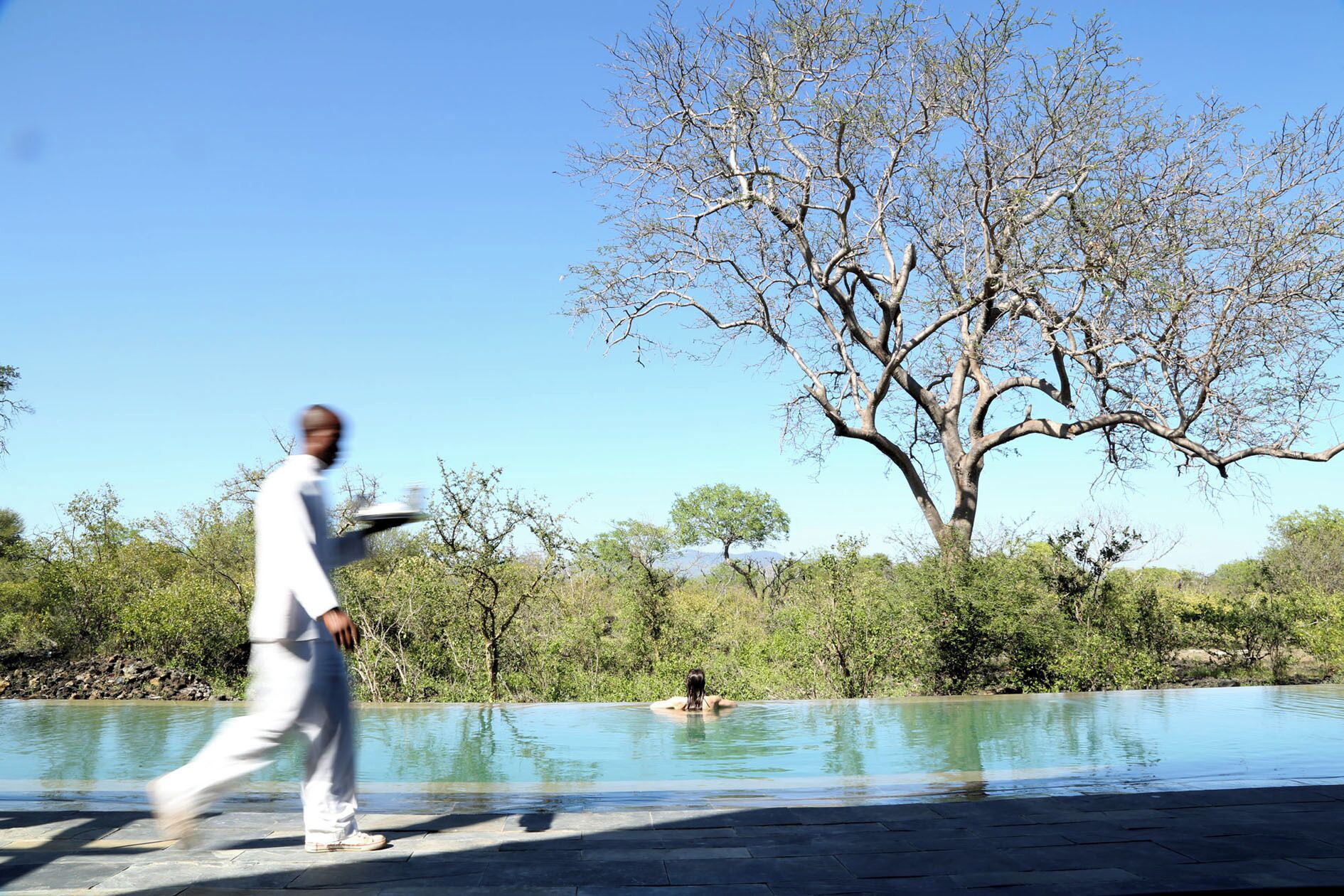 Una persona caminando cerca de una piscina, con un árbol grande al fondo.