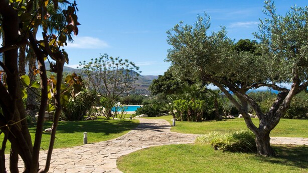 Un sendero de piedra serpentea por un jardín bien cuidado, con diversos árboles y arbustos.
