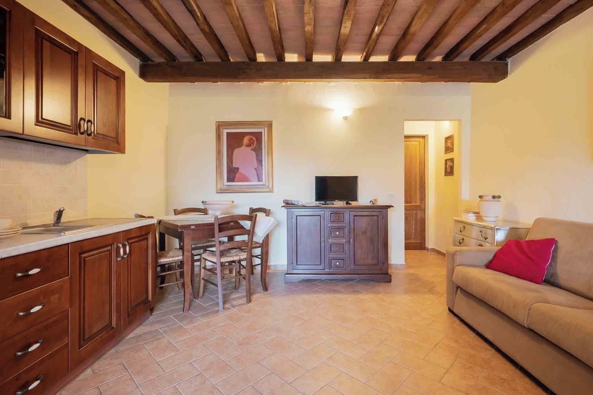 A cozy living room with a sofa, a dining area with a table and chairs, a kitchen with wooden cabinets, and a television on a cabinet.
