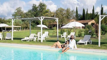 Seasonal outdoor pool, pool umbrellas, pool loungers