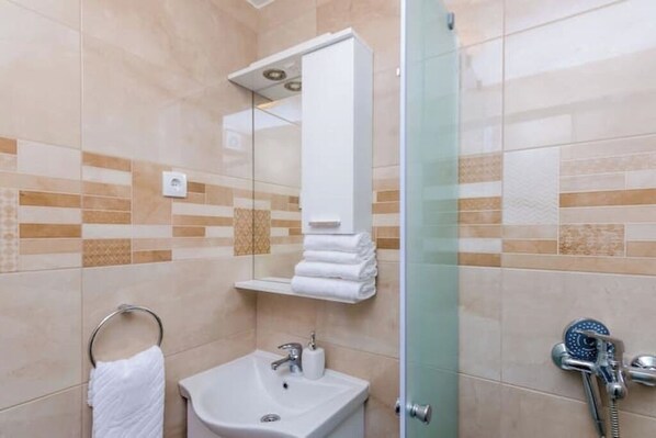 Shower, towels, soap, toilet paper
