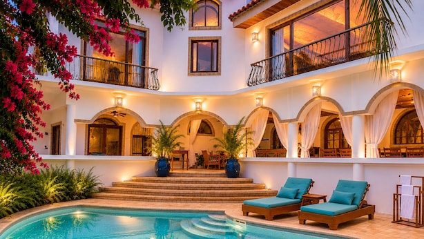 A poolside area with lounge chairs, a pool, and a multi-level building with balconies.