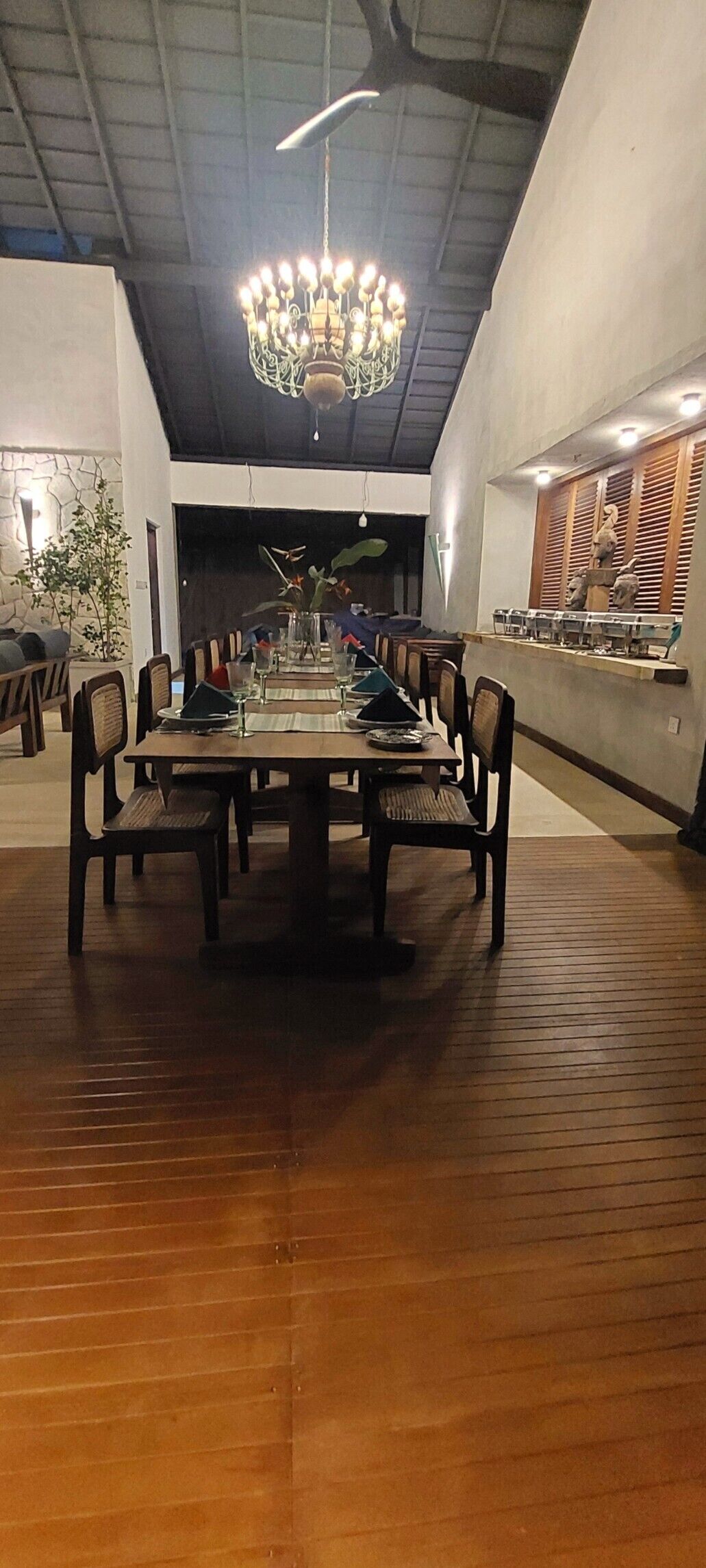 A dining area with a long table, chairs, a chandelier, and a plant.