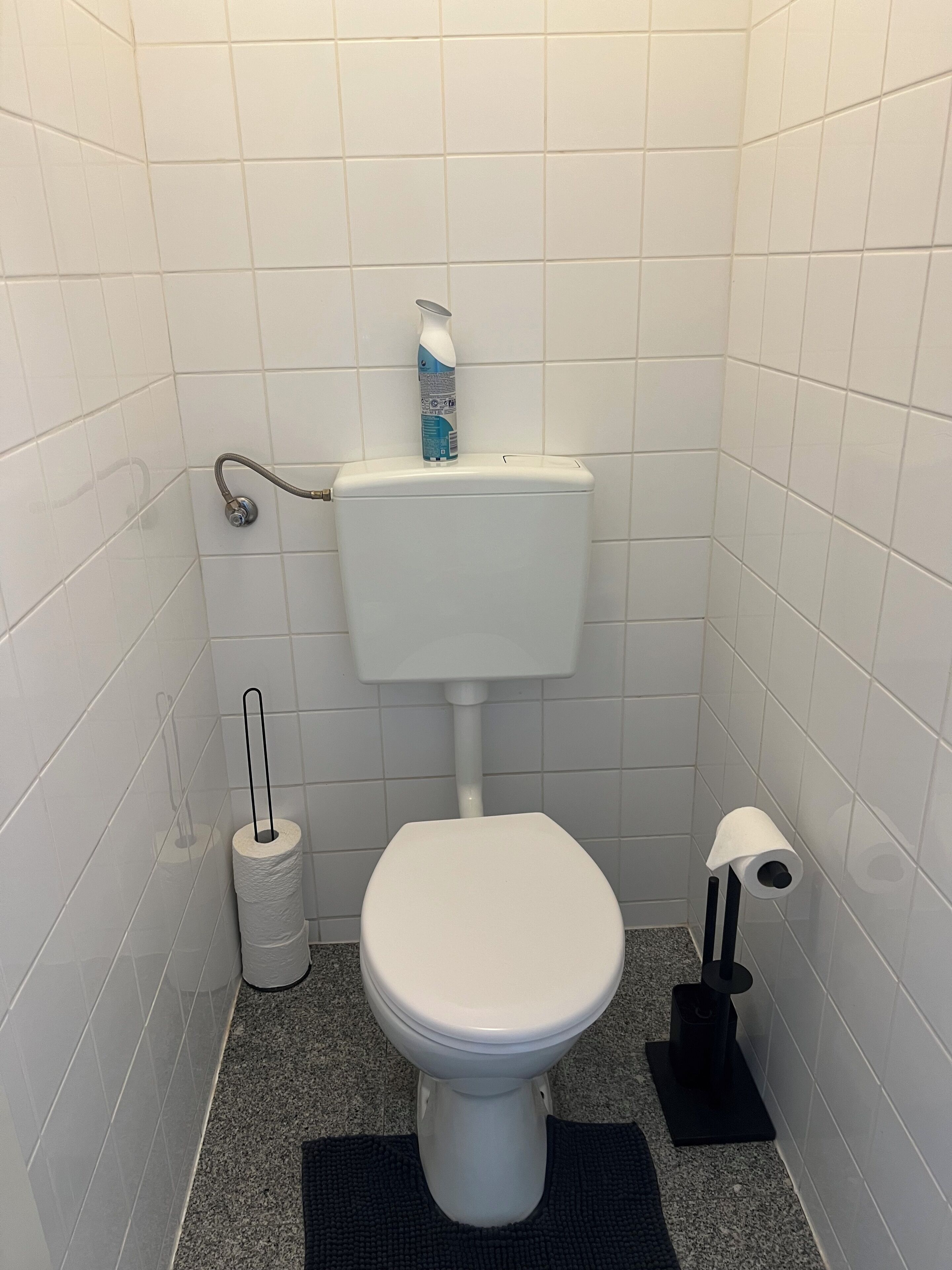 Een kleine, schone badkamer met witte tegels, een toilet, toiletrolhouder en een bidet.