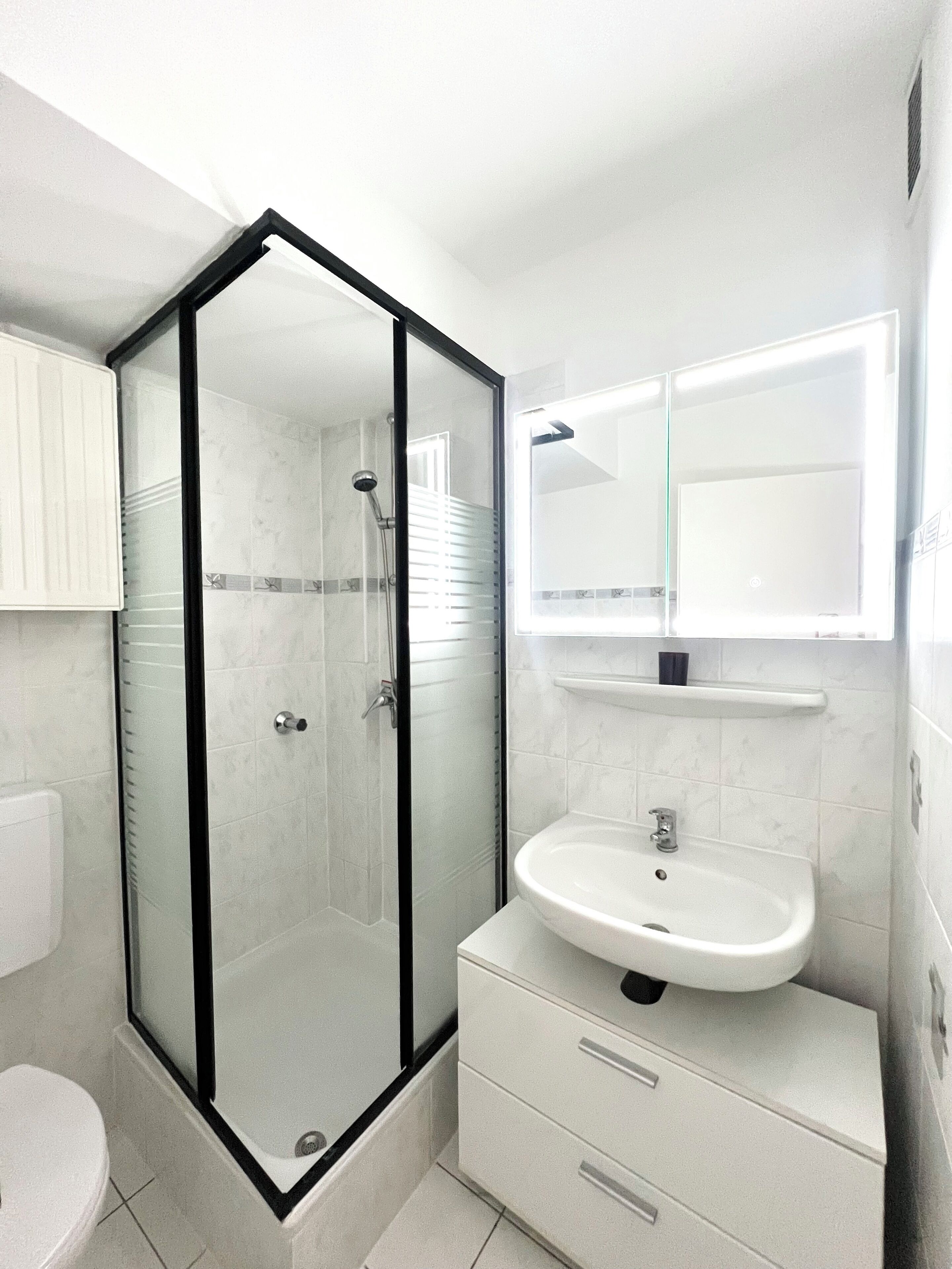 Shower, towels, soap, toilet paper