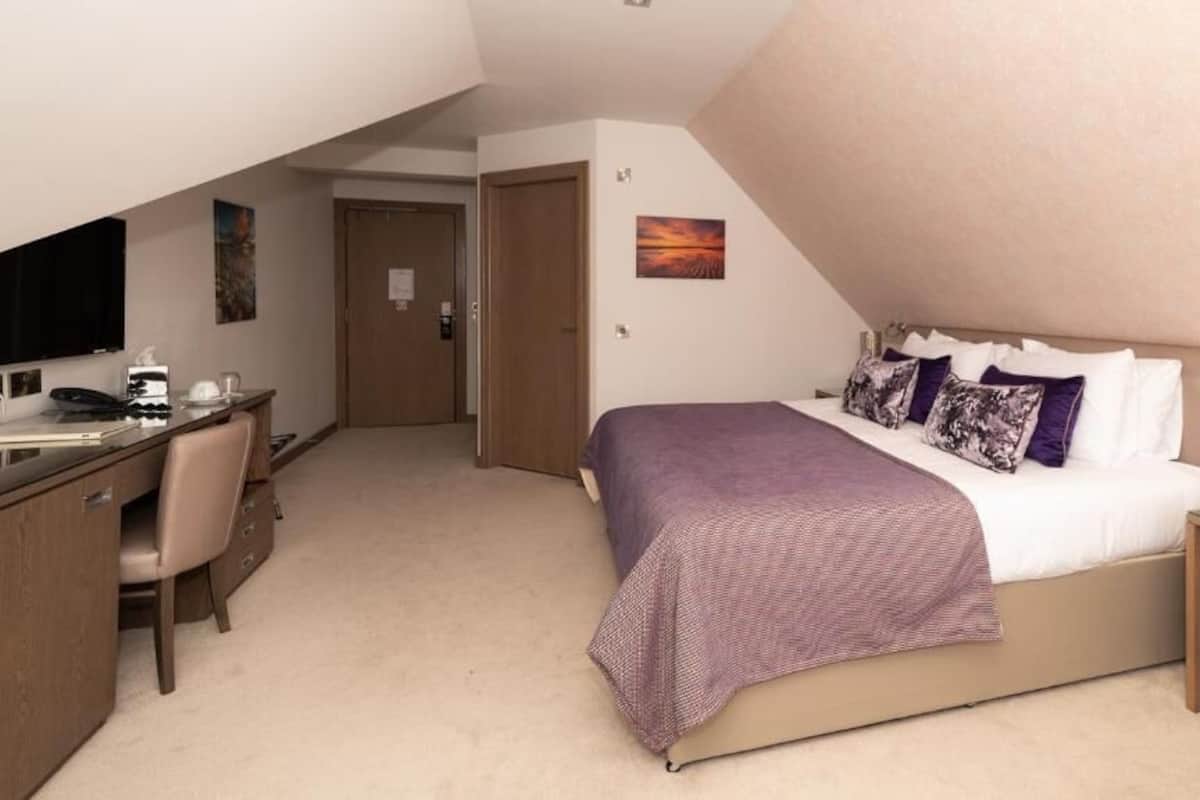 A hotel room with a bed, a desk, a chair, and a television.