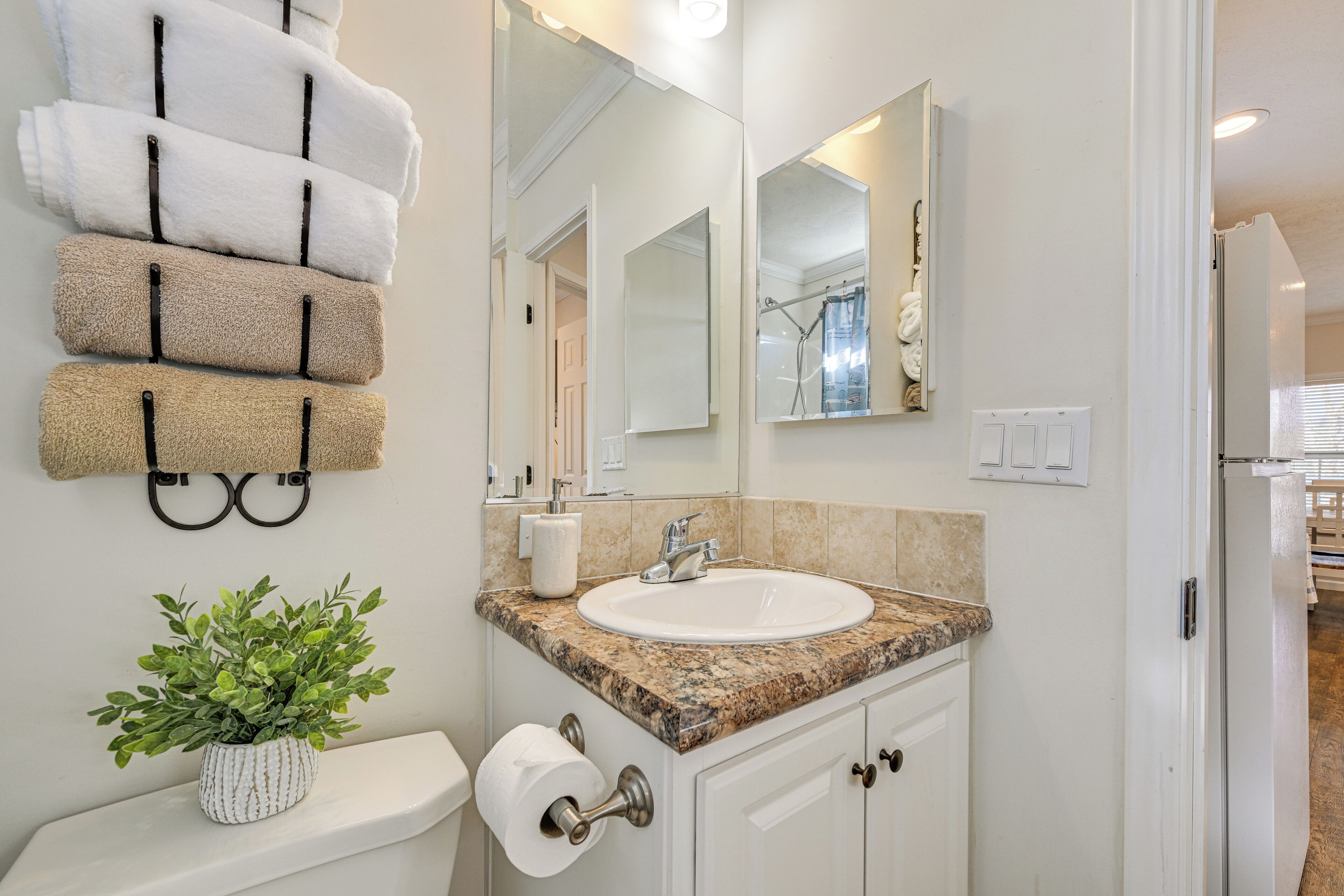 Une salle de bain équipée d’un lavabo, d’un miroir, d’un porte-serviettes, de toilettes et d’une plante en pot.