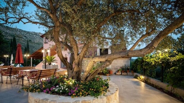 An outdoor seating area with stone planters and tables, surrounded by a large tree and a building with a pink facade. - Apartments Njirić - Comfort Studio with Balcony Sea View - No.4 (Zaton)