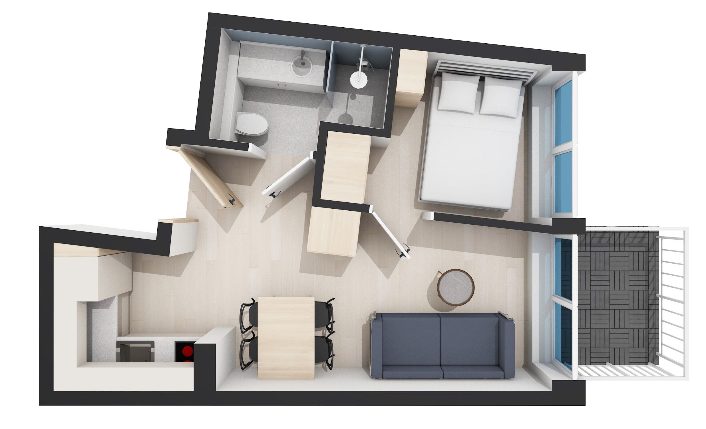 A modern apartment layout with a living area, kitchen, dining space, and a small bathroom.