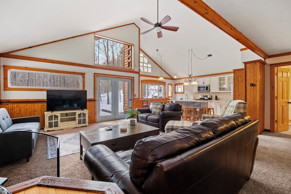 Smart TV, fireplace, foosball