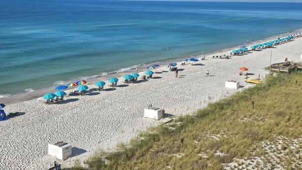 A beach with rows of umbrellas and beach chairs, a sandy shore, and the ocean in the background. - Sandy Key 123:  2 BR / 2 BA Gulf Front Condo in Perdido Key, FL  Sleeps 6 (Pensacola)