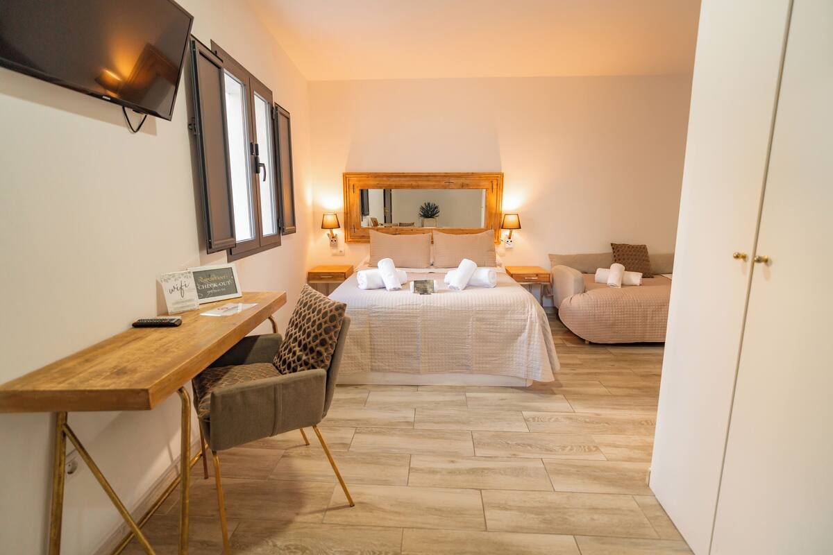 A hotel room with a bed, a desk, a chair, a TV, and a mirror.