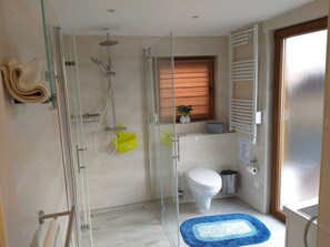 Shower, hair dryer, towels, soap - Vacation home with private heated pool (Rietz-Neuendorf)