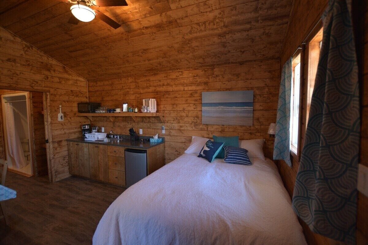 Een houten kamer met een bed, een kitchenette en een schilderij aan de muur.