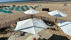 A beach with tents, umbrellas, and beach chairs. - Nice studio with small terrace and parking lot. Only 200 meters from the sandy beach (Bergen aan Zee)