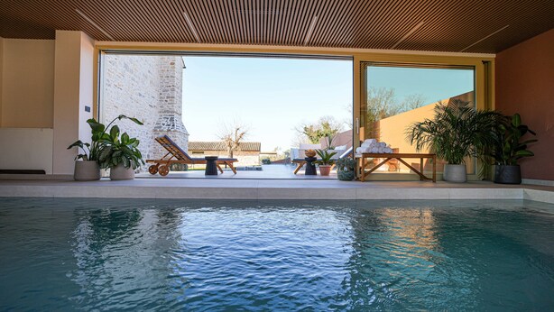 Un espace piscine aménagé avec des chaises longues, des plantes en pot et une vue sur un bâtiment en pierre.