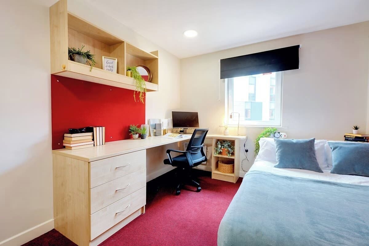 A bedroom with a bed, a desk, and a computer. There is a window with blinds, a shelf with plants, and a red accent wall.