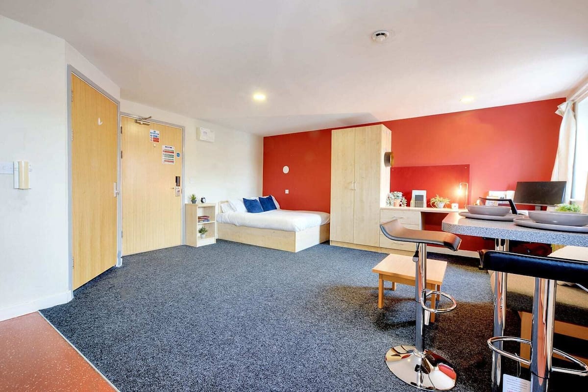 A compact room with a bed, a desk, and a chair. There is a small shelf with books and a plant. The room has a red accent wall and a white door.