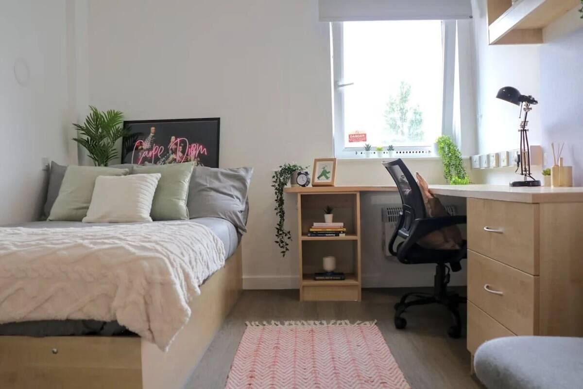 A bedroom with a bed, a desk, a chair, a window, and a small shelf with books and a plant.