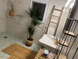 Dusche, Haartrockner, Handtücher, Toilettenpapier