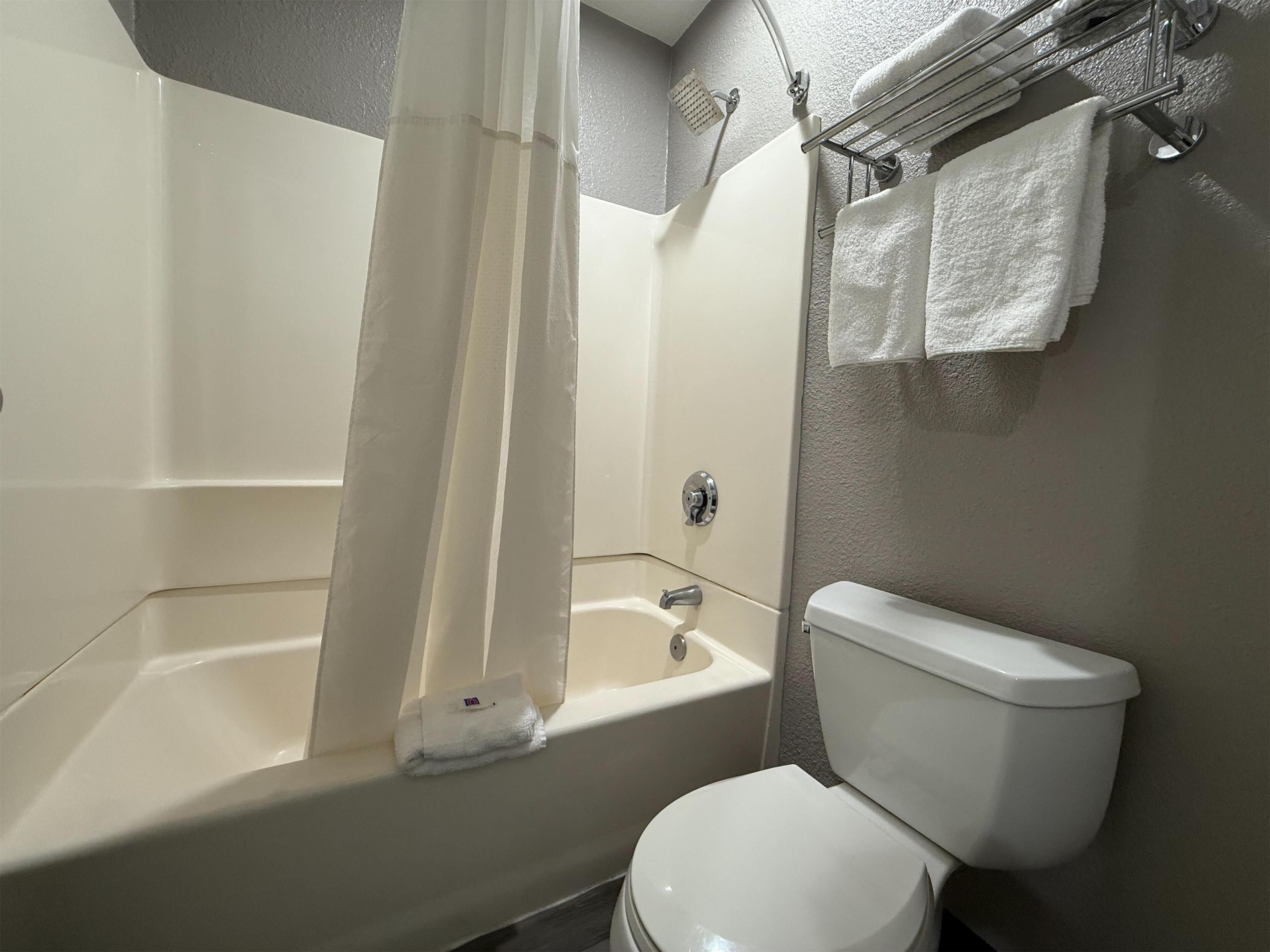 A bathroom with a bathtub, toilet, and a shower curtain.