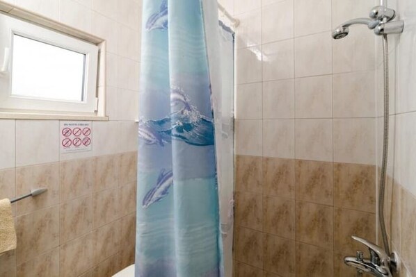 Shower, towels, soap, toilet paper