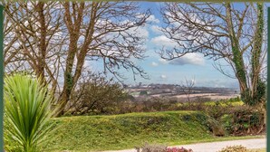 Un jardín con diversas plantas y árboles, un sendero y vistas al campo.