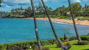 Una playa con palmeras, un mar azul cristalino y una zona de césped con una tumbona.