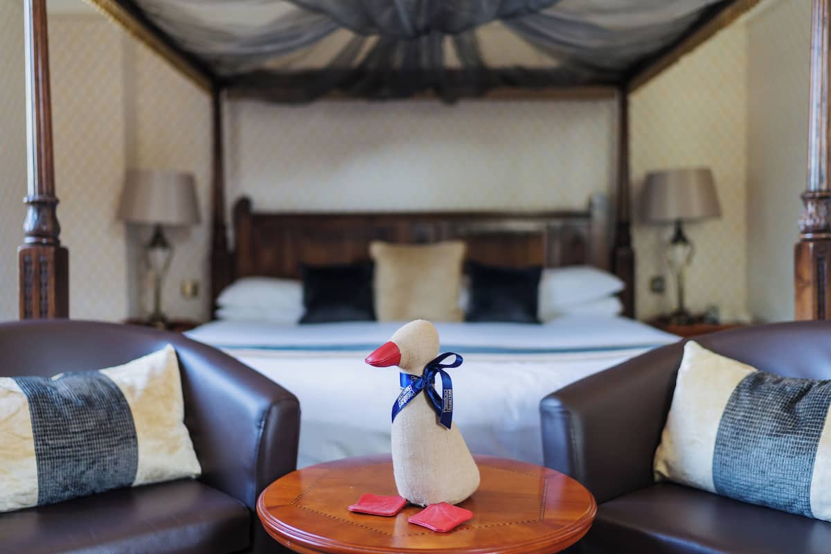 Un canard en peluche est posé sur une table ronde dans une chambre d’hôtel, qui comprend un grand lit, deux chaises et des lampes.