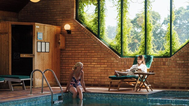 Un espace piscine doté d’une terrasse en bois, de chaises longues et offrant une vue sur la verdure grâce à de grandes fenêtres.