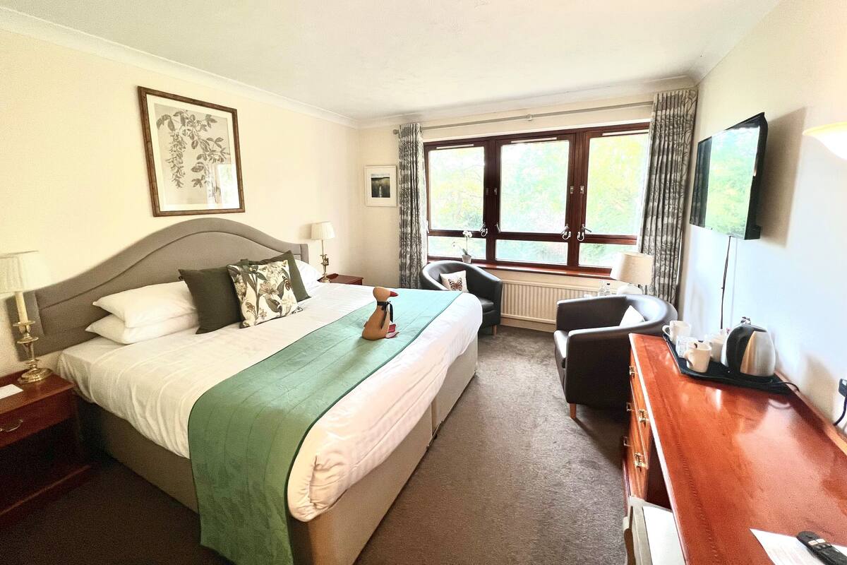 Une chambre d’hôtel avec un grand lit, un bureau, une chaise, une télévision et une fenêtre avec des rideaux.
