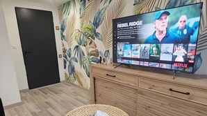 A living room with a flat-screen TV displaying 'Rebel Ridge' on Netflix, a wooden cabinet, a rattan table with a tissue box, and a patterned wall. - Cosy apartments Valenciennes center Train station and streetcar on foot (Valenciennes)
