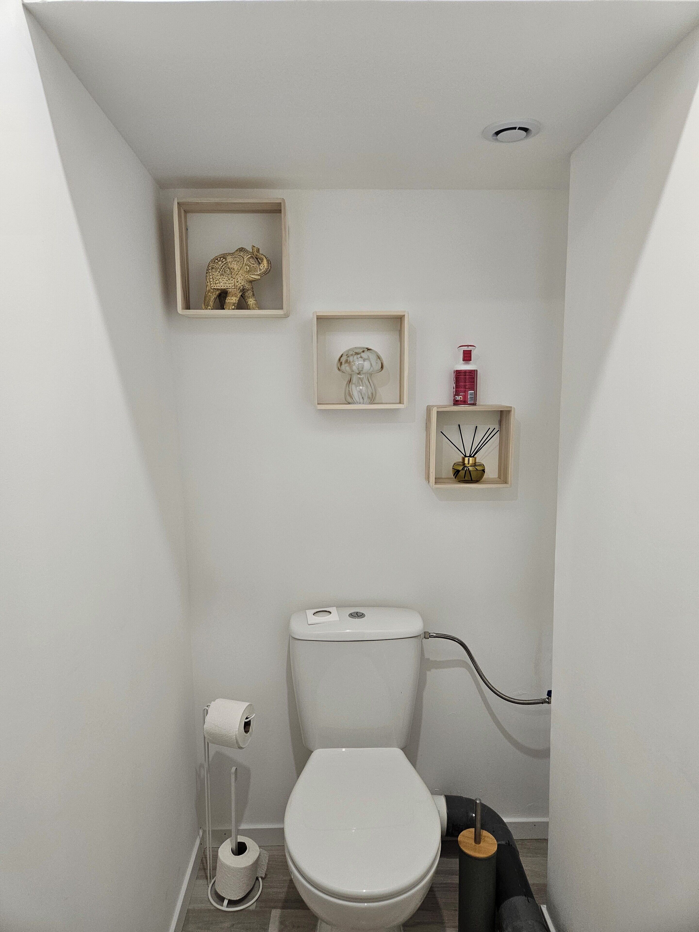 Une petite salle de bain blanche, avec des toilettes, un porte-rouleau de papier toilette et une étagère sur laquelle est posé un objet décoratif.