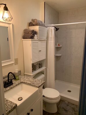 Shower, hair dryer, towels, soap