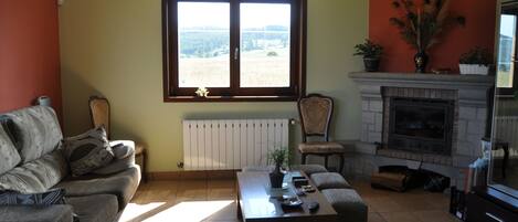 A living room with a fireplace, a sofa, a coffee table, and a view through a large window.