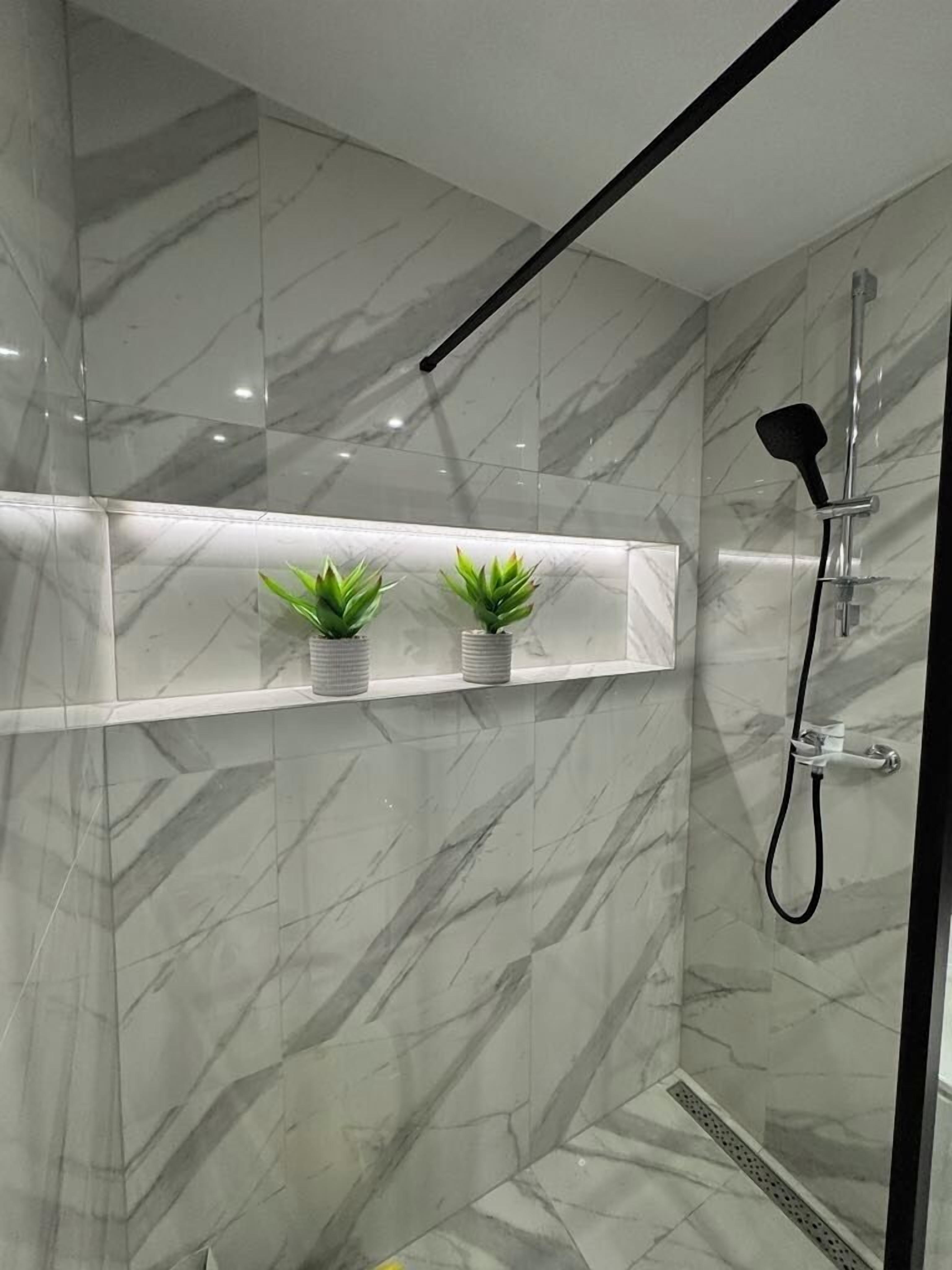Une salle de bain moderne avec une douche à parois de verre, des murs en marbre et deux plantes en pot disposées sur une étagère.