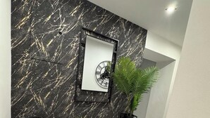 Un intérieur moderne avec un mur en marbre noir, une console en métal noir agrémentée d’une horloge, un fauteuil en osier noir, un coussin blanc et une plante en pot.