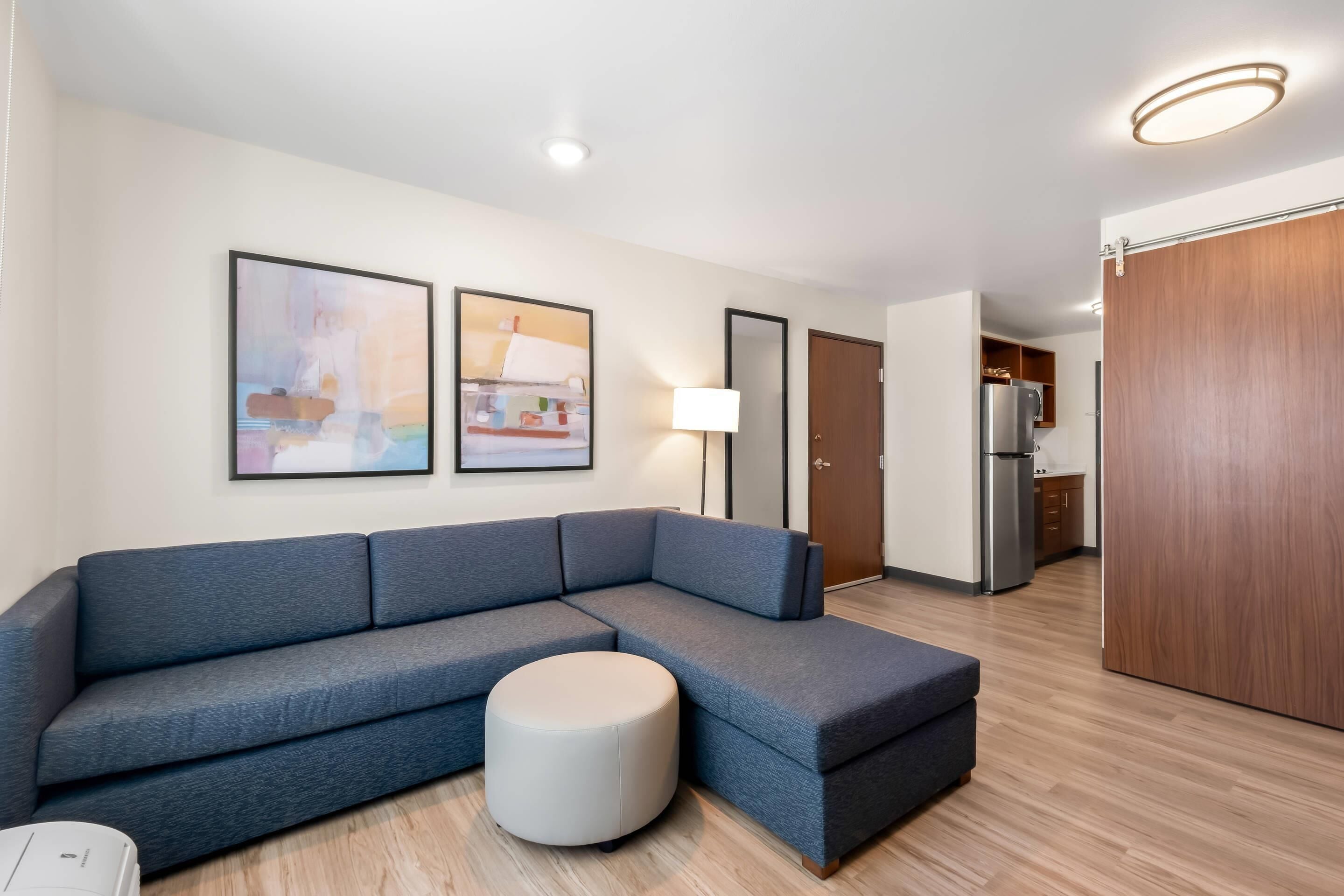 Desk, laptop workspace, blackout curtains, iron/ironing board