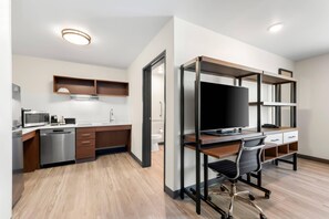 Desk, laptop workspace, blackout drapes, iron/ironing board