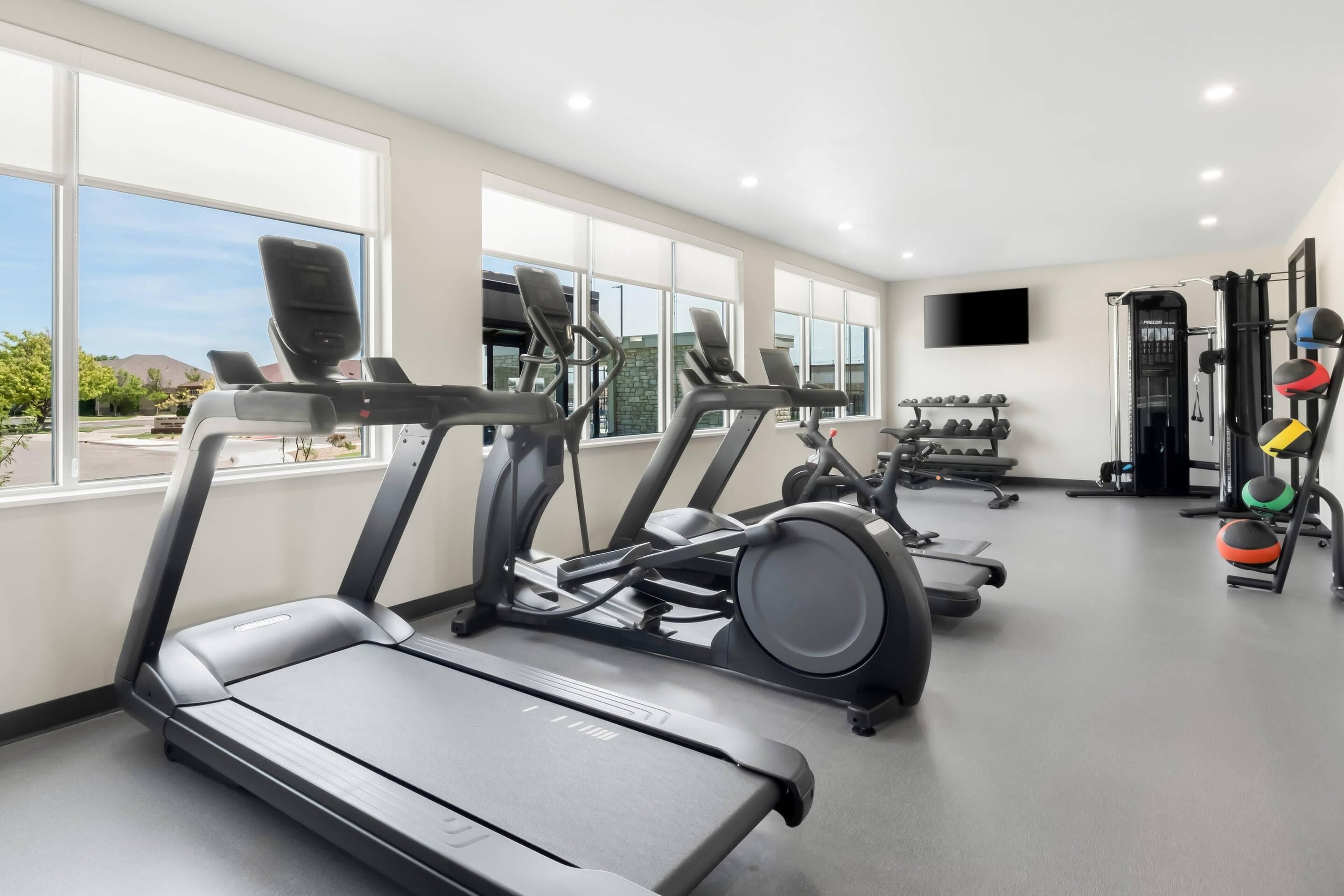 A gym with treadmills, weight machines, and a TV.