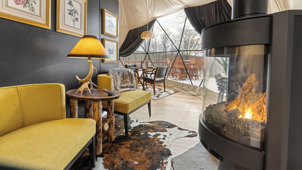 A cozy living room with a fireplace, yellow sofa, and framed floral artwork. - Domes at Catskills (Swan Lake)