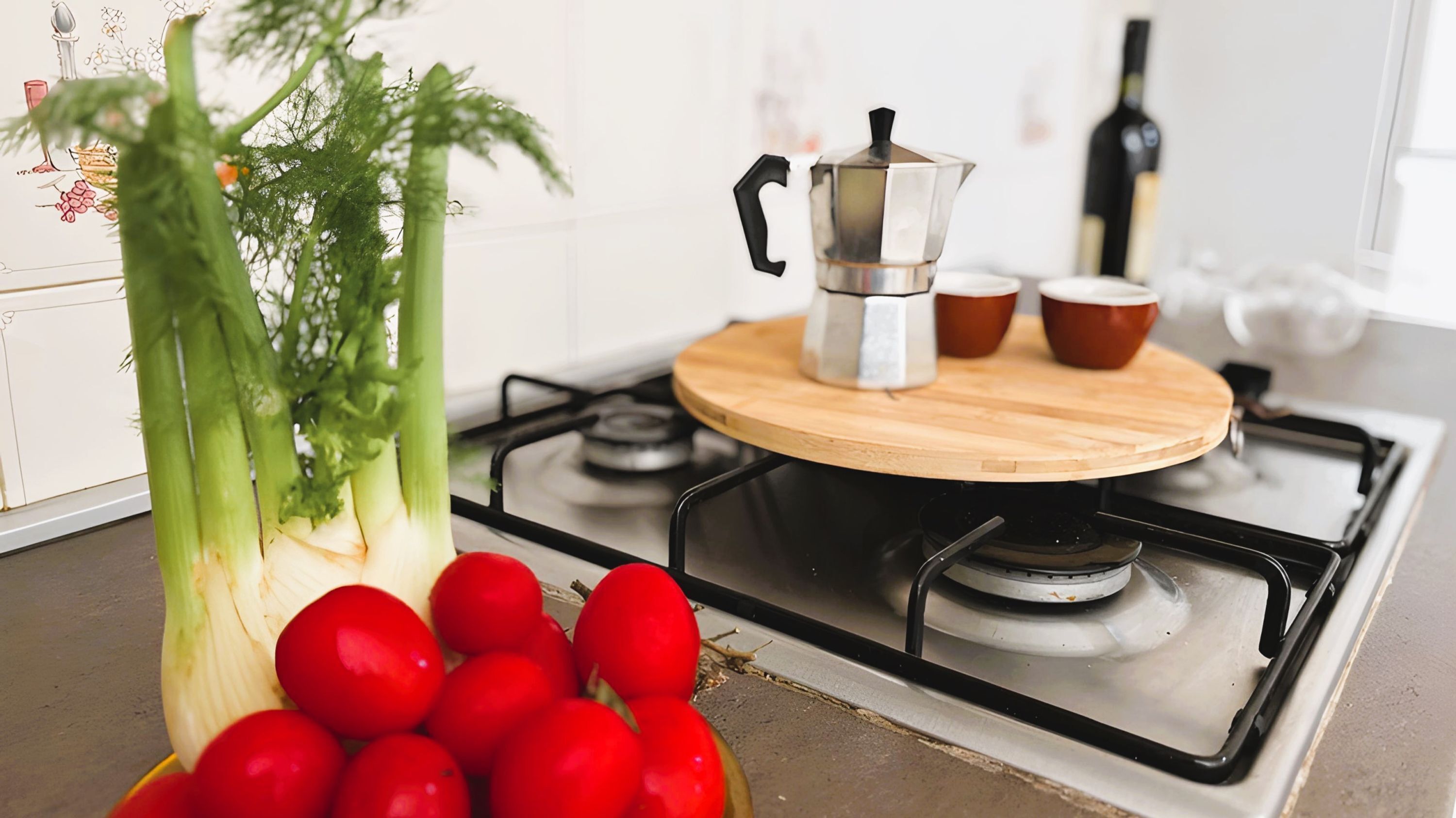 Una cocina con estufa, una olla y verduras frescas como tomates y puerros.